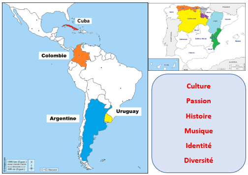 Carte d'Amérique latine mettant en évidence Cuba, Argentine, Uruguay et Colombie